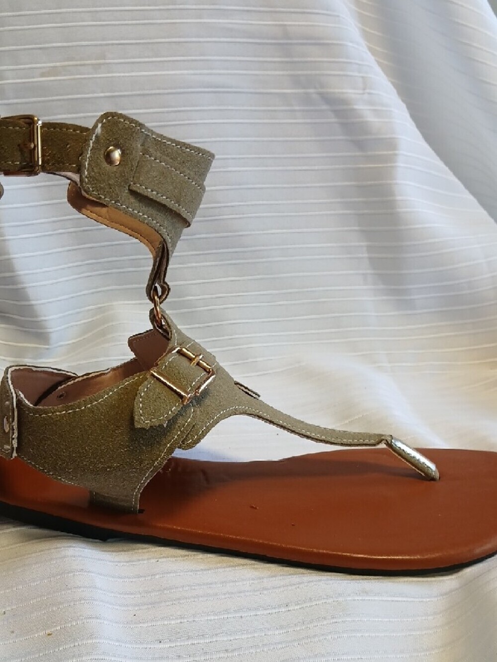 Women’s Olive Green T-Strap Sandal with Gold Buckle - Picture 4 of 5